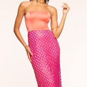 Ramy Brook‎ Giselle Sequin Midi Dress in Guava Lattice Strapless Sequin Size 12